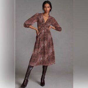Anthropologie Ranna Gill Sz XS Leopard Cut Out Puff Long Sleeves Midi Dress